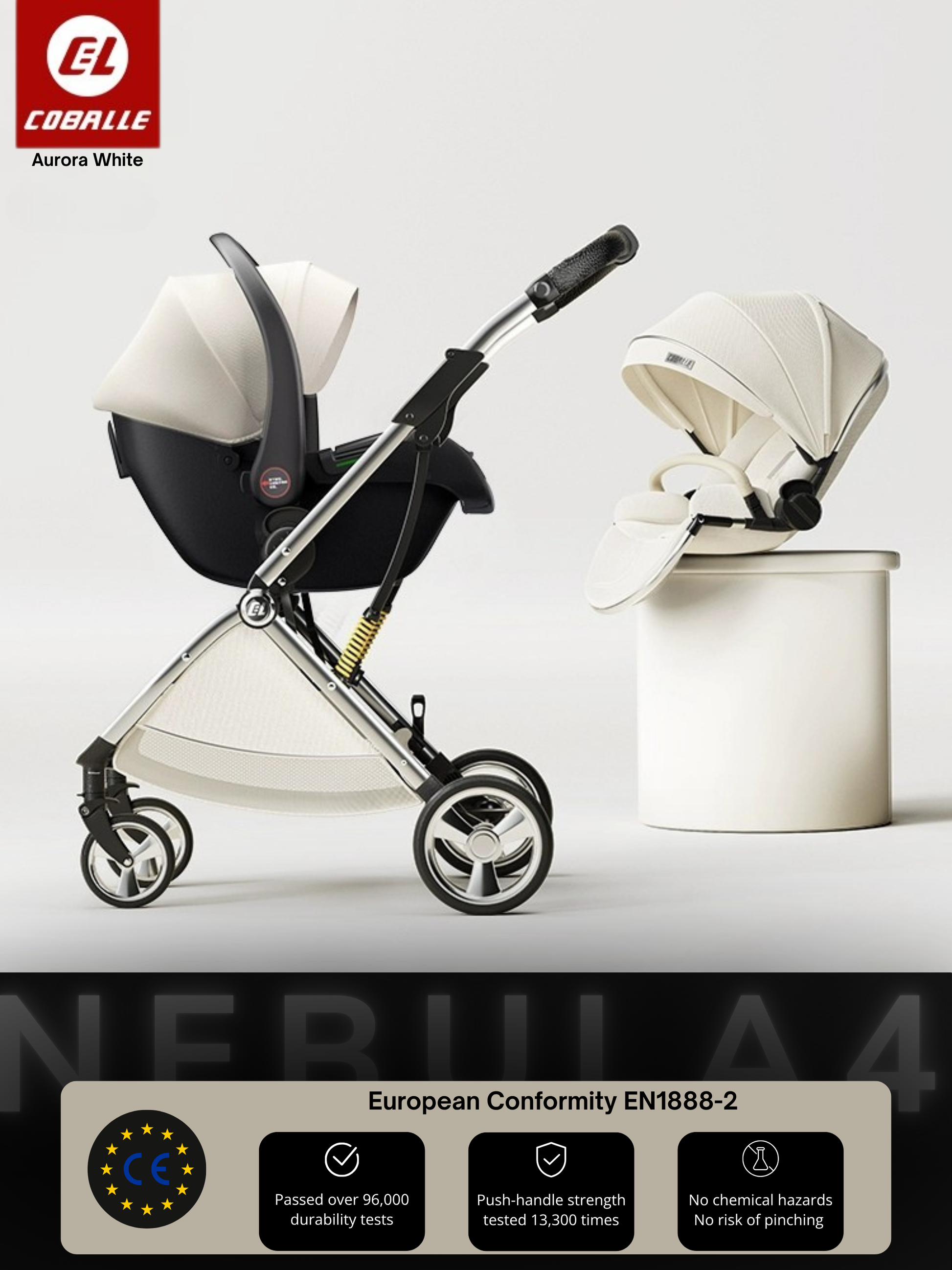 White baby stroller 'NEBULA 4' with convertible car seat on a light gray background