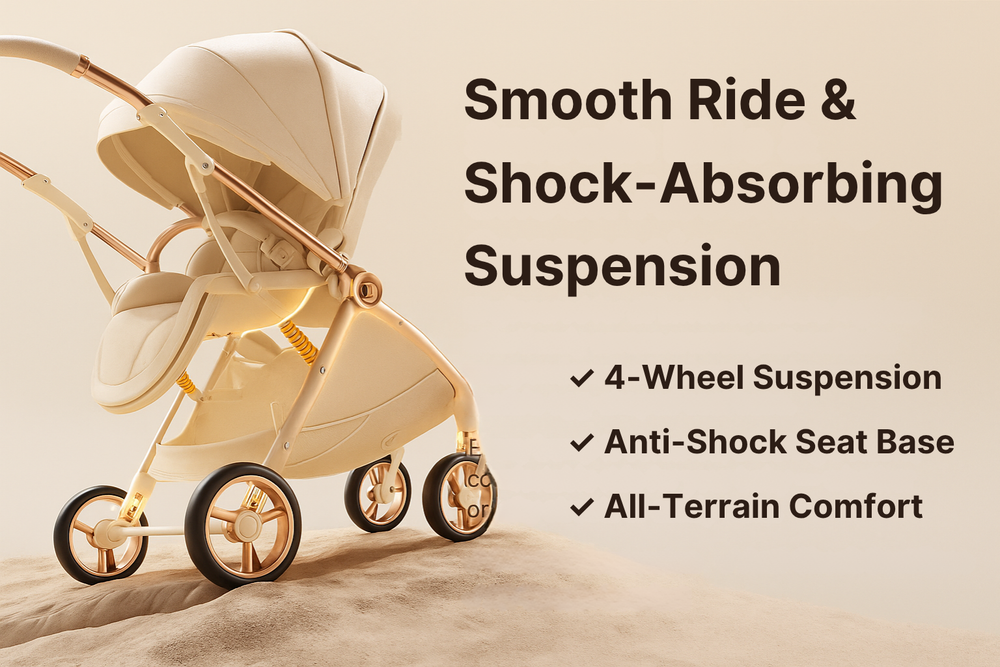 Beige stroller with text highlighting smooth ride features on a beige background