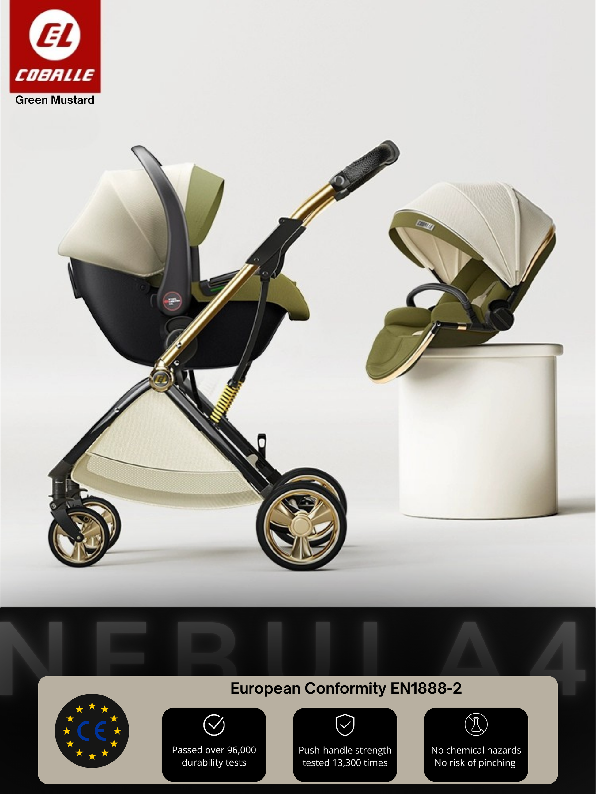 Modern baby stroller 'NEBULA 4' with gold accents on a white background