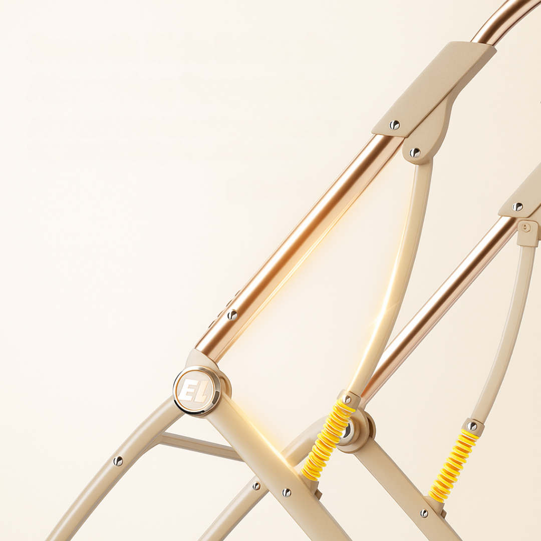Close-up of a bicycle frame with a yellow shock absorber on a beige background