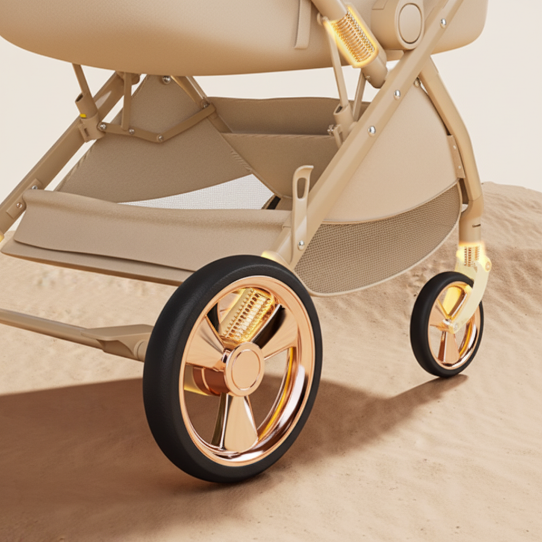Beige stroller with gold wheels on a beige background