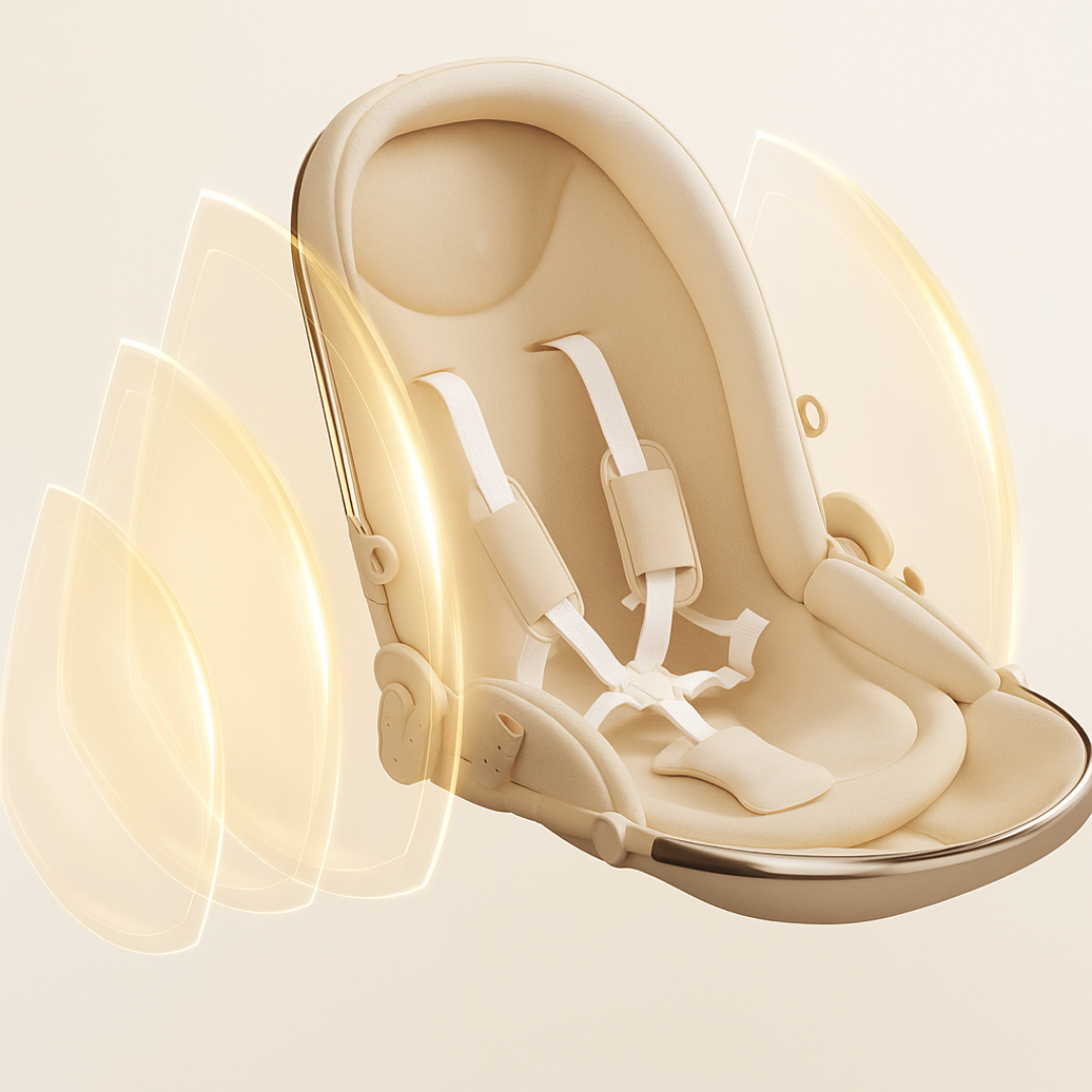 Beige baby car seat with clear plastic cover on a light beige background