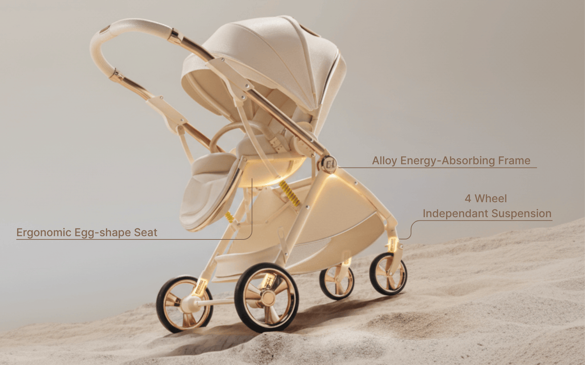 Beige baby stroller with features highlighted on a beige background