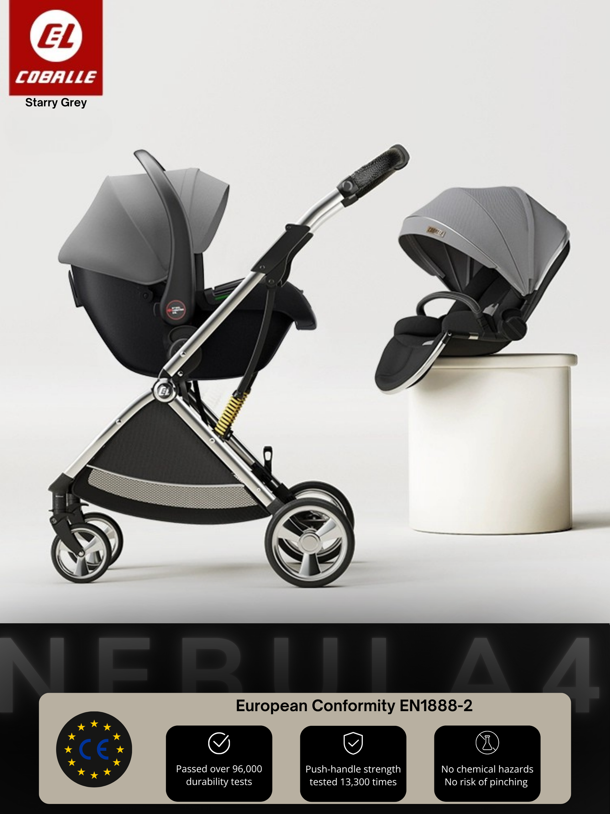 Black and gray stroller 'NEBULA 4'  with a baby seat on a white background