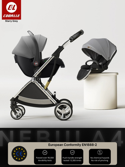 Black and gray stroller 'NEBULA 4'  with a baby seat on a white background